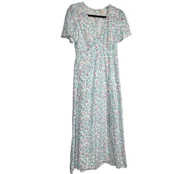 Billabong Floral Print Midi Women Dress V Neck Flutter Sleeve Size M Open Leg - Picture 2 of 14